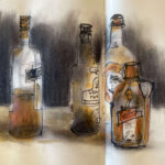 sketch done with pastel pencils showing bottles