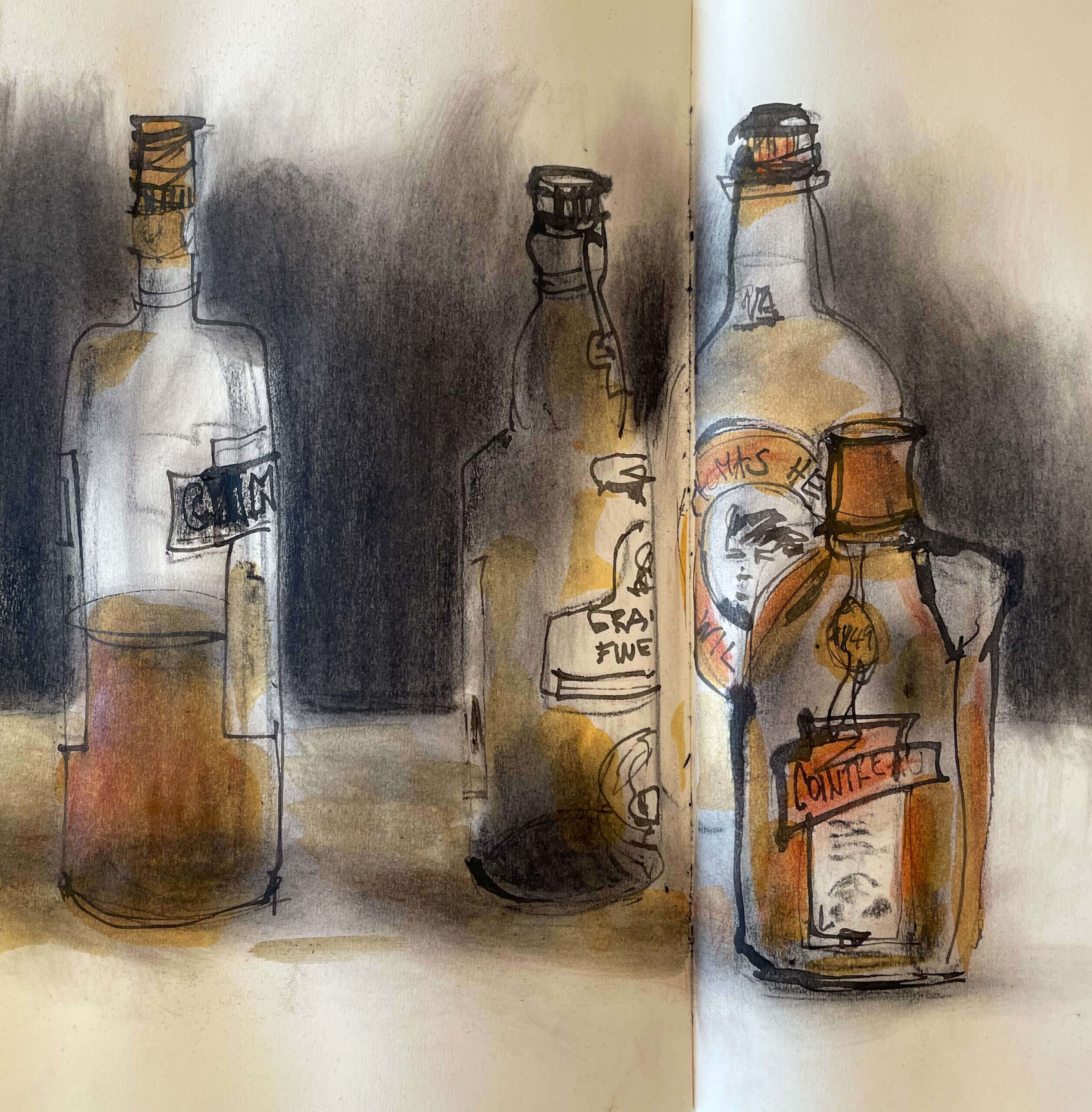 sketch done with pastel pencils showing bottles
