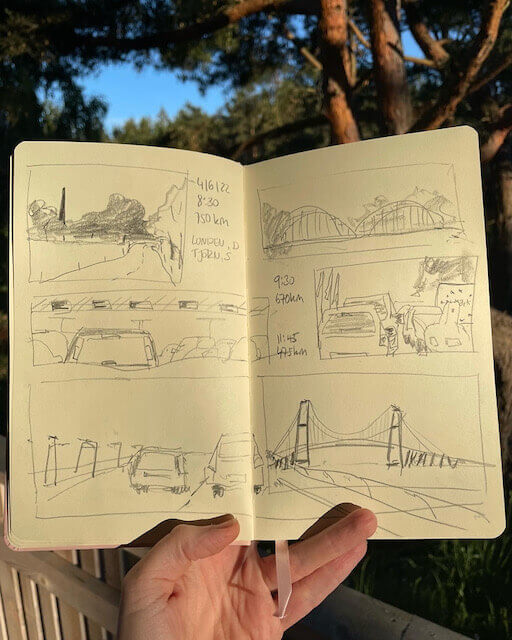 little thumbnail sketches done on the road to document the trip